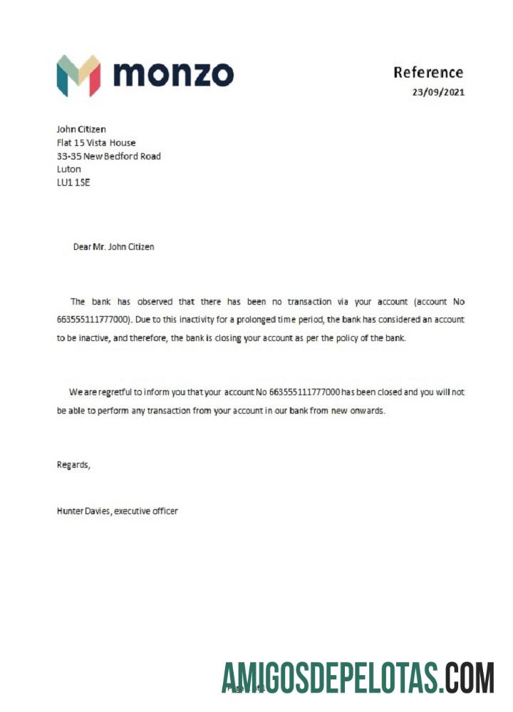 Referência de fechamento do Monzo Bank no Reino Unido modelo